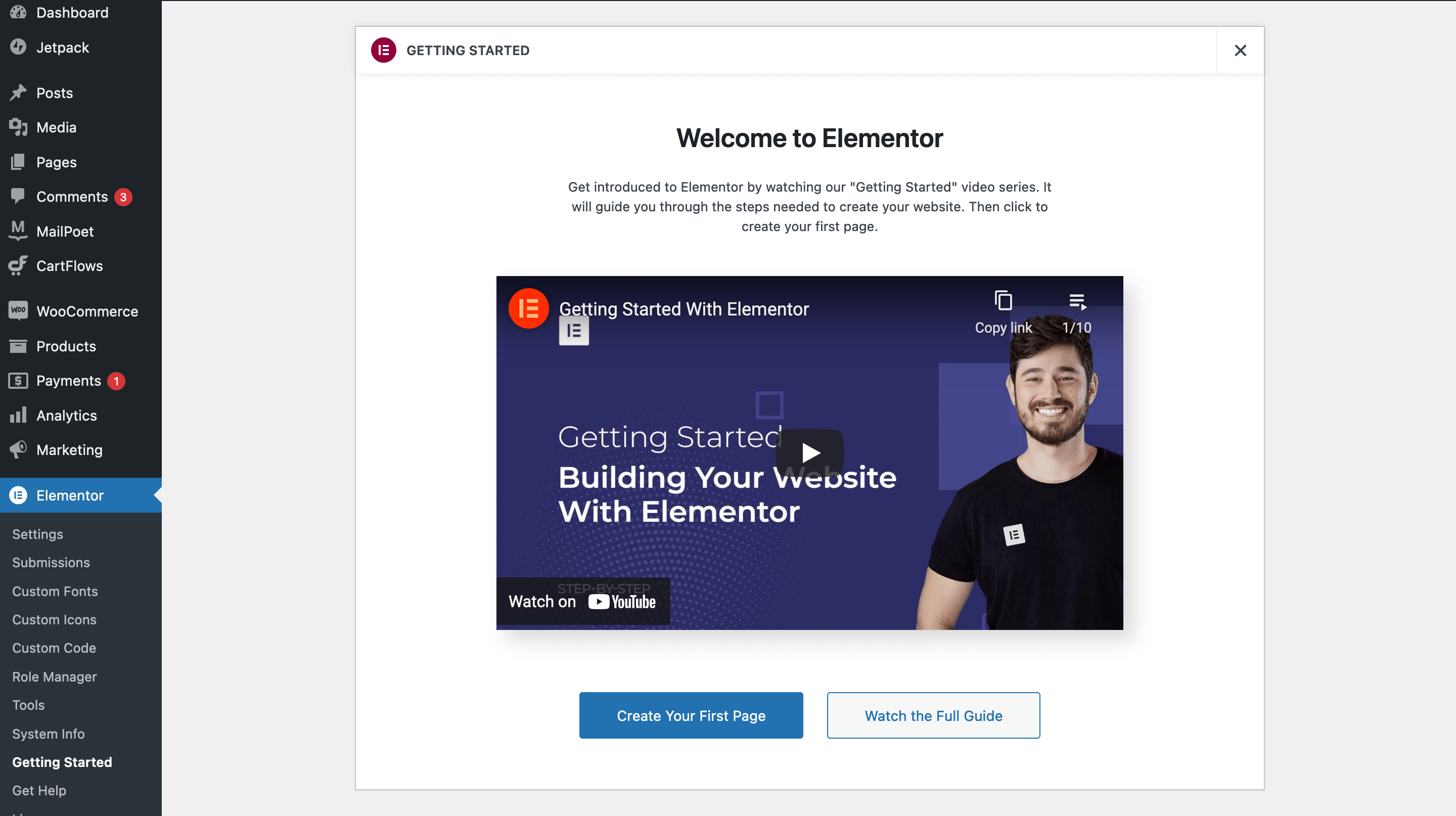 The Elementor Getting Started page.