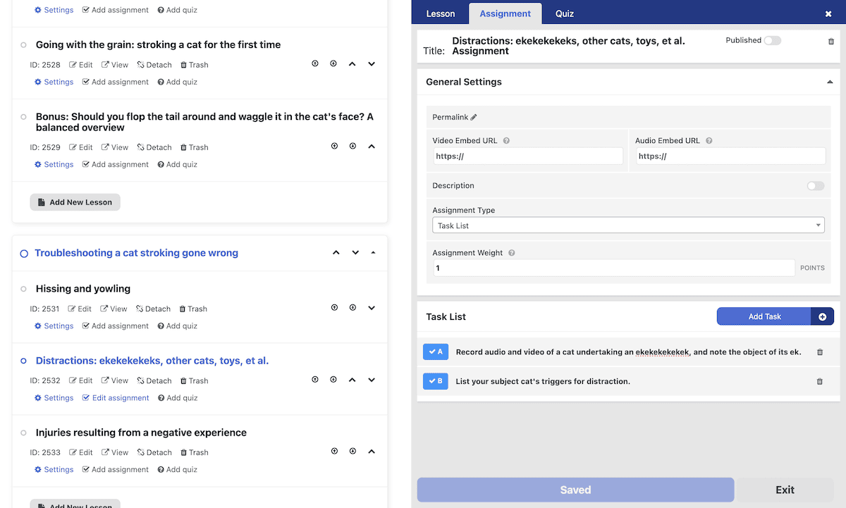 The Assignment creator dialog within LifterLMS showing the various options available, and tasks added to an assignment list.