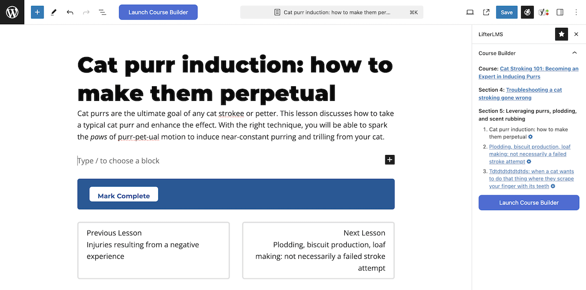 The LifterLMS lesson creator within the WordPress Block Editor.