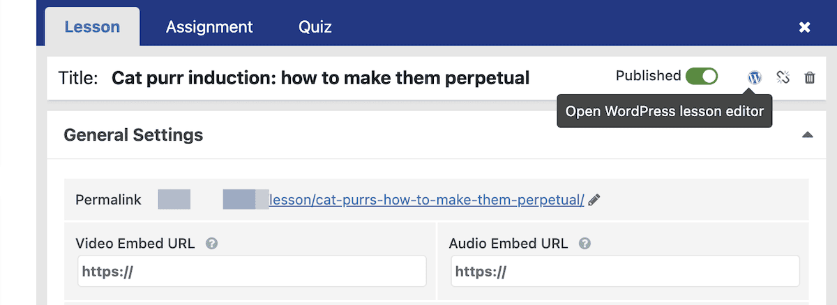 The Lesson options tab in LifterLMS showing the link to the WordPress lesson editor.