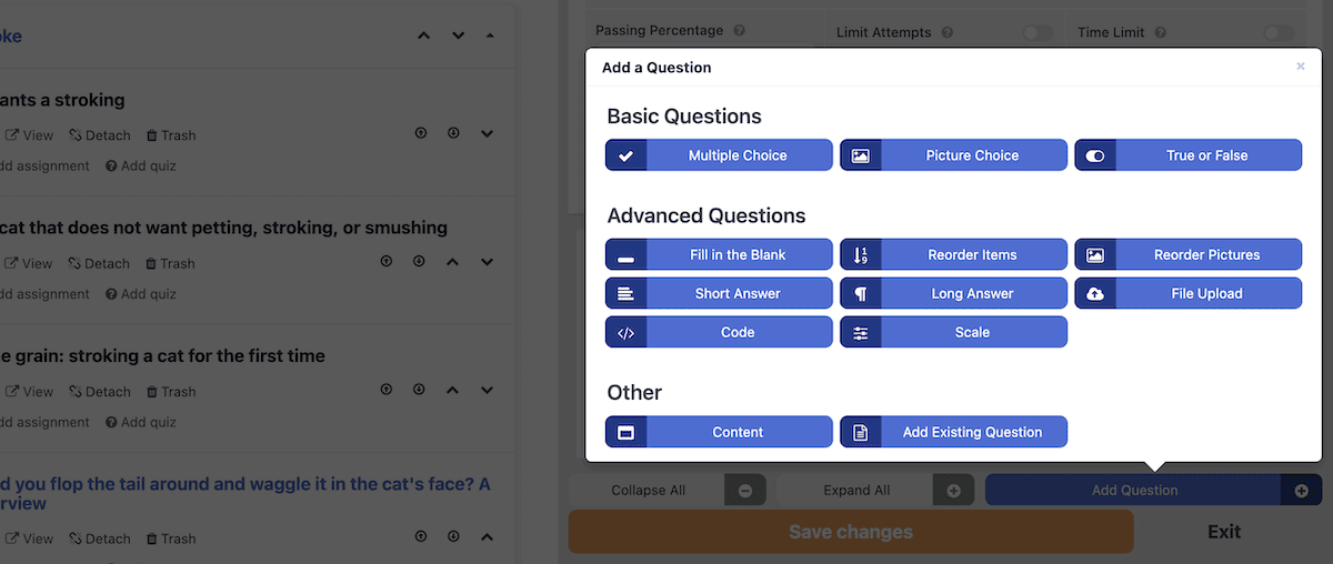 Options to choose a question type within LifterLMS.