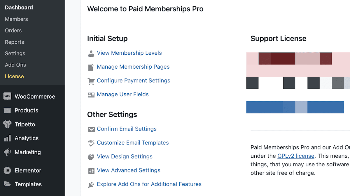 The Paid Memberships Pro dashboard within WordPress showing the checklist of Initial Setup options.