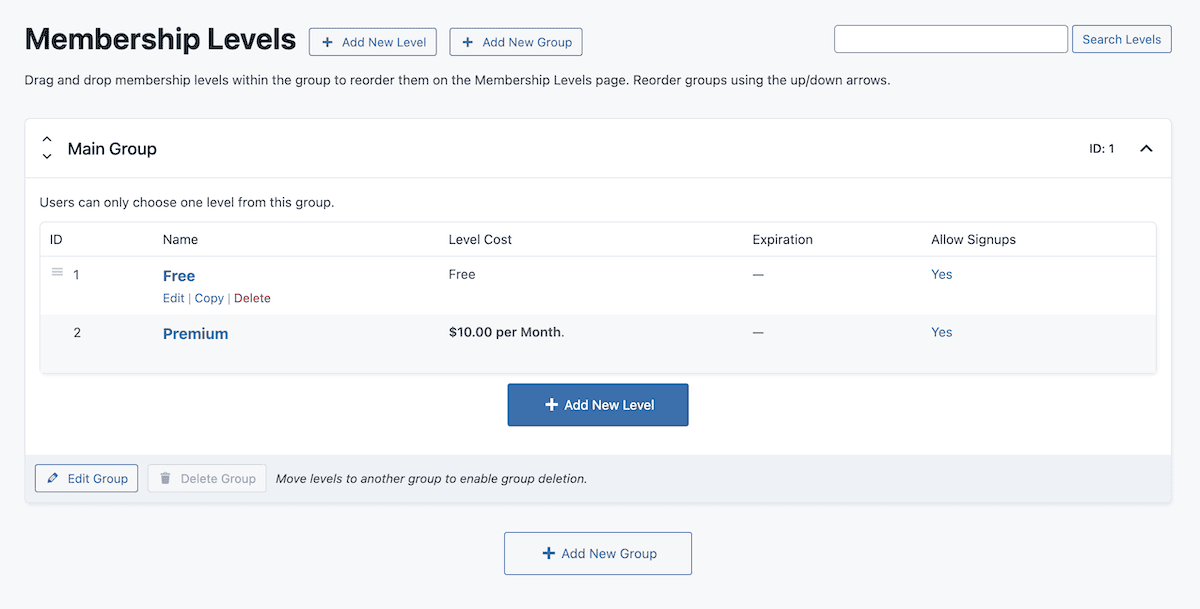 The Membership Levels screen showing two tiers: free and premium.