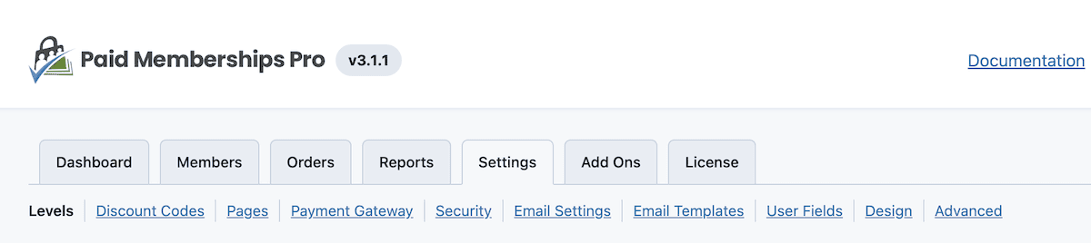 The Paid Memberships Pro dashboard, showing the huge number of settings options on offer.