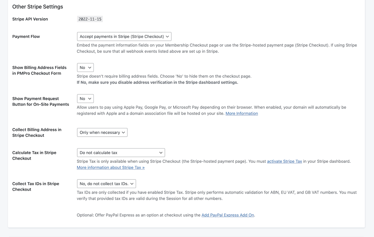 The settings to intergrate Stripe within Paid Memberships Pro.