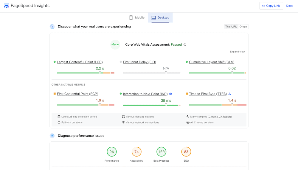 The PageSpeed Insights reporting page.