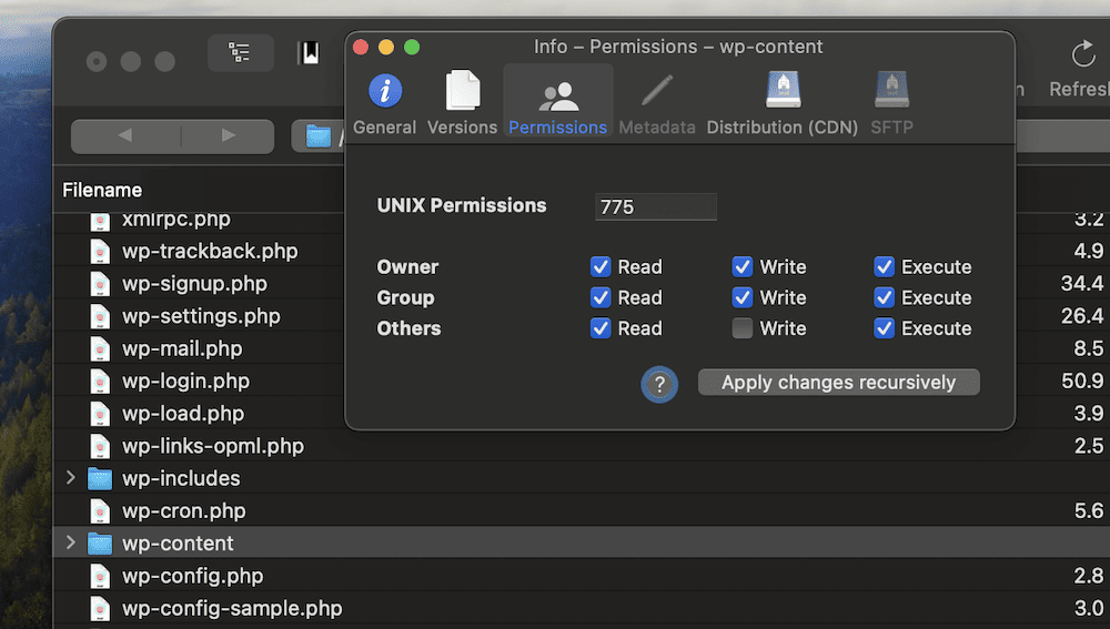 The file permissions for a WordPress core folder within the Cyberduck app.