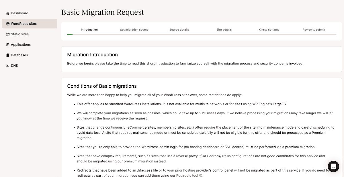 The Kinsta migration request form.