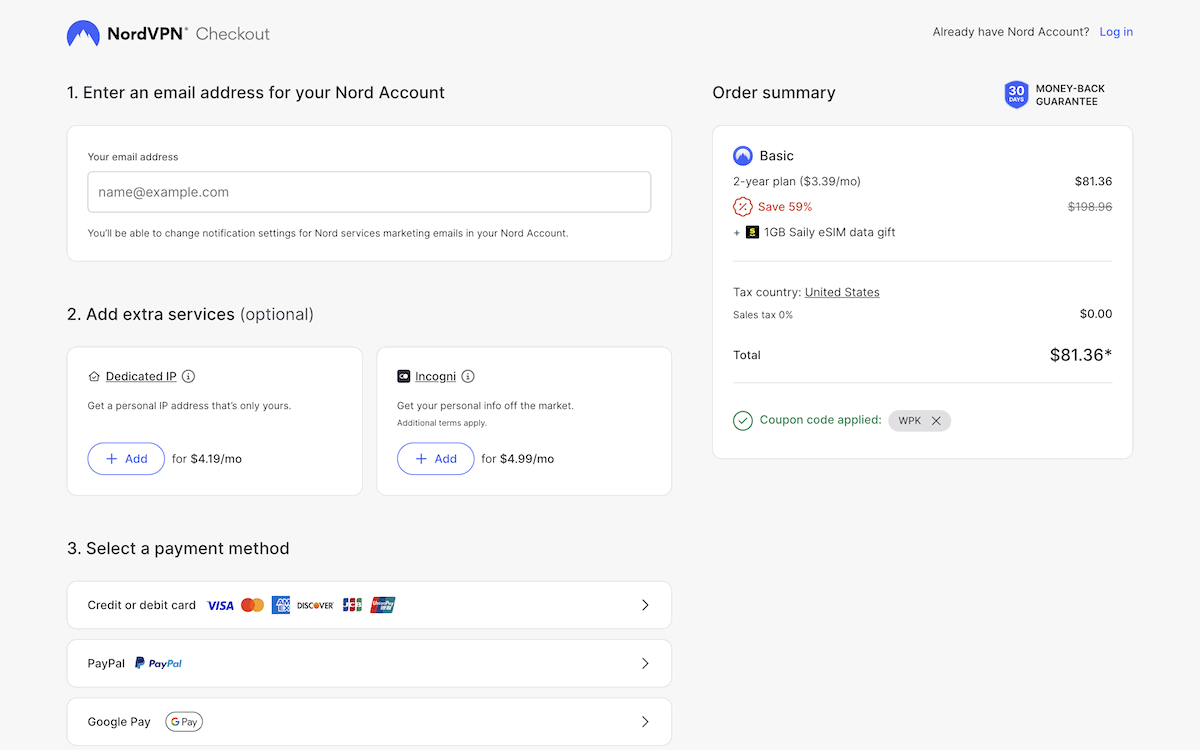 The NordVPN checkout screen.