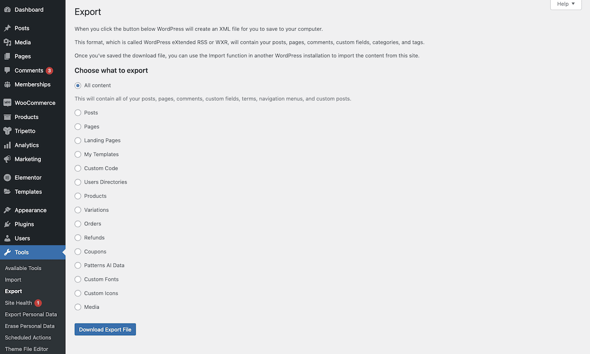 The WordPress export options, showing a list of content types.