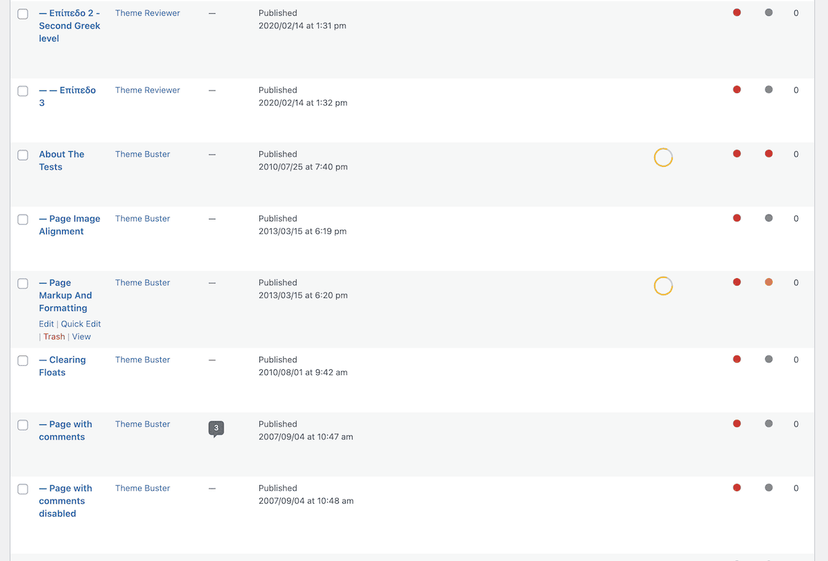 The WordPress Pages screen showing Theme Unit Test Data content.