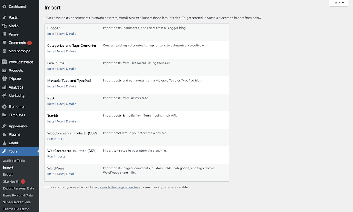 The Import dialog within WordPress that shows a list of plugin options to import various file types.