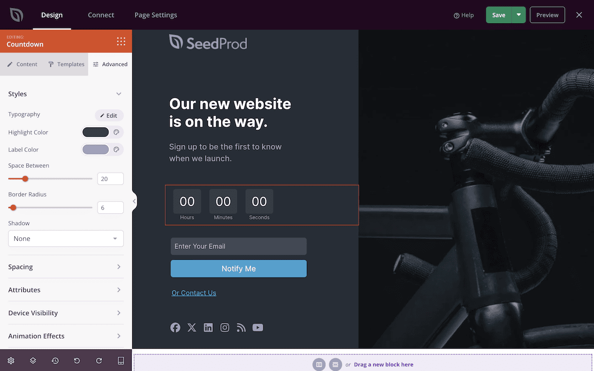 The SeedProd builder showing the Advanced tab.