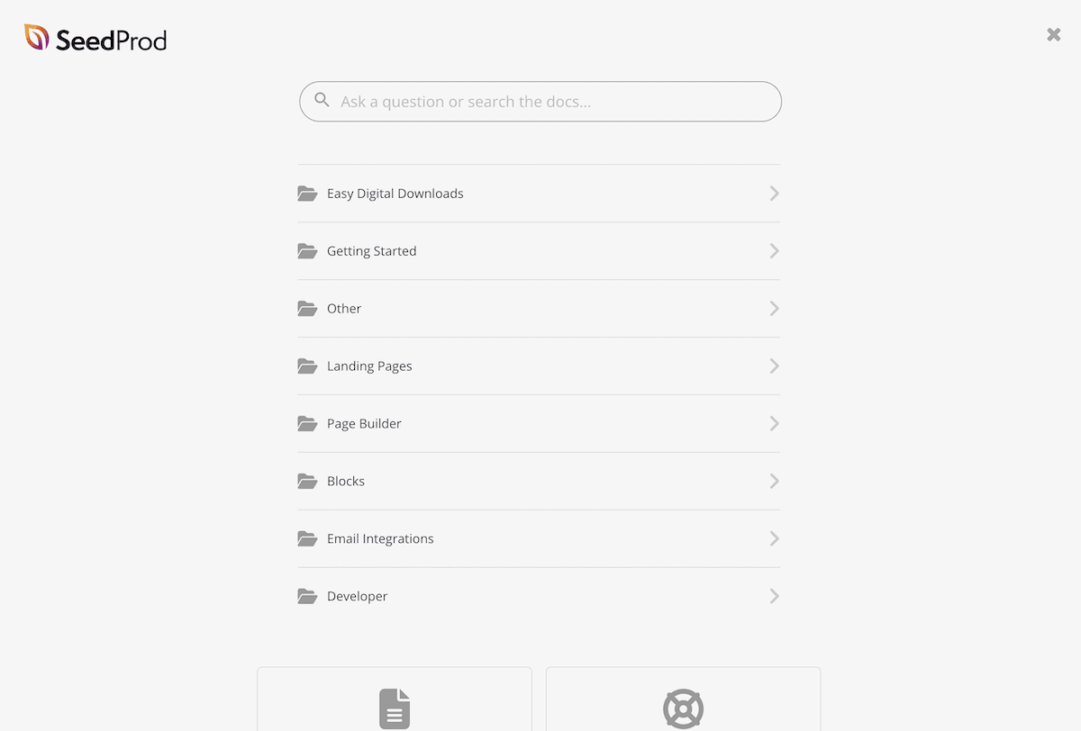 The Help interface within the SeedProd WordPress dashboard.